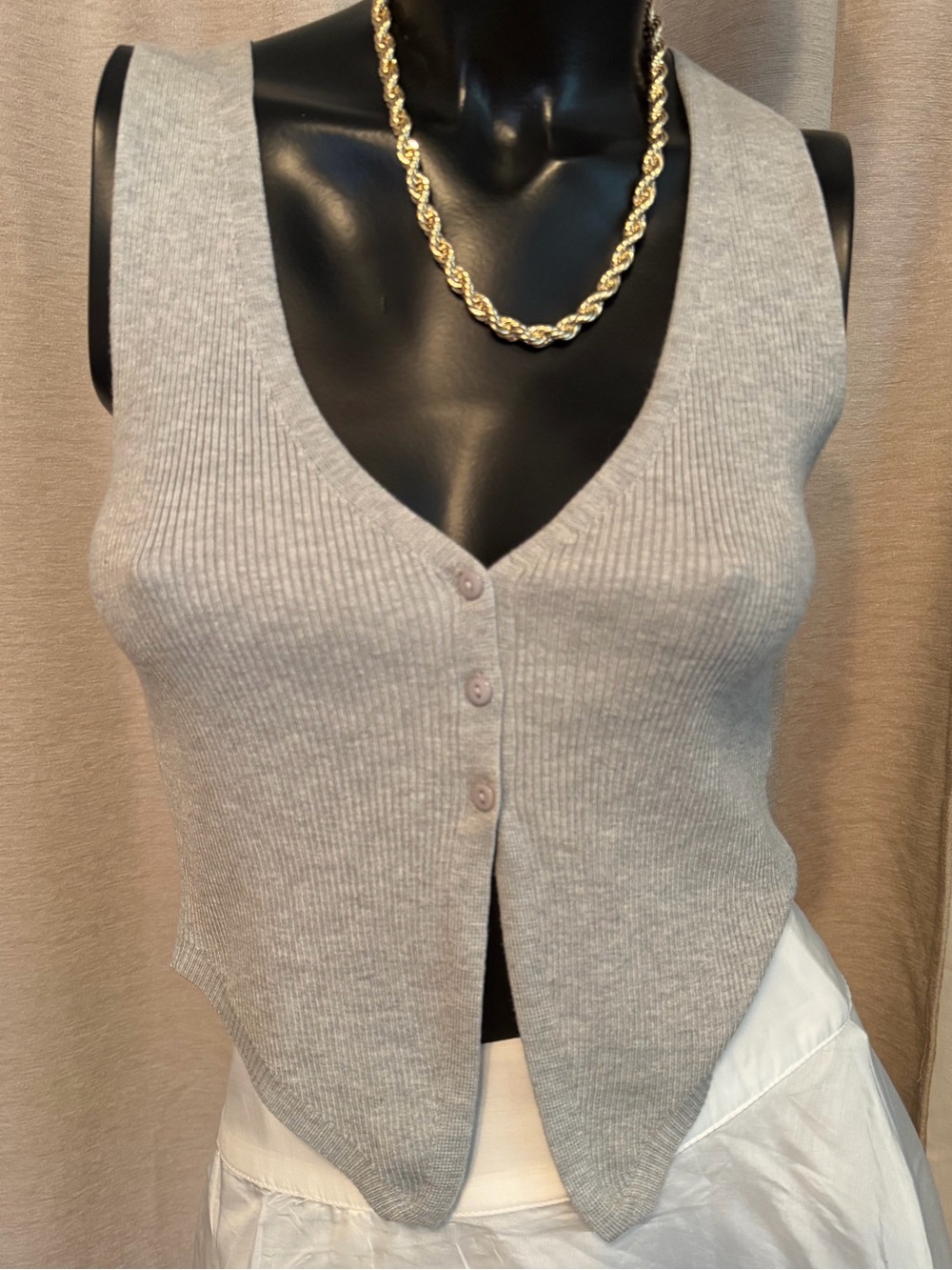 Garage Light Gray Ribbed V-Neck Button Tank